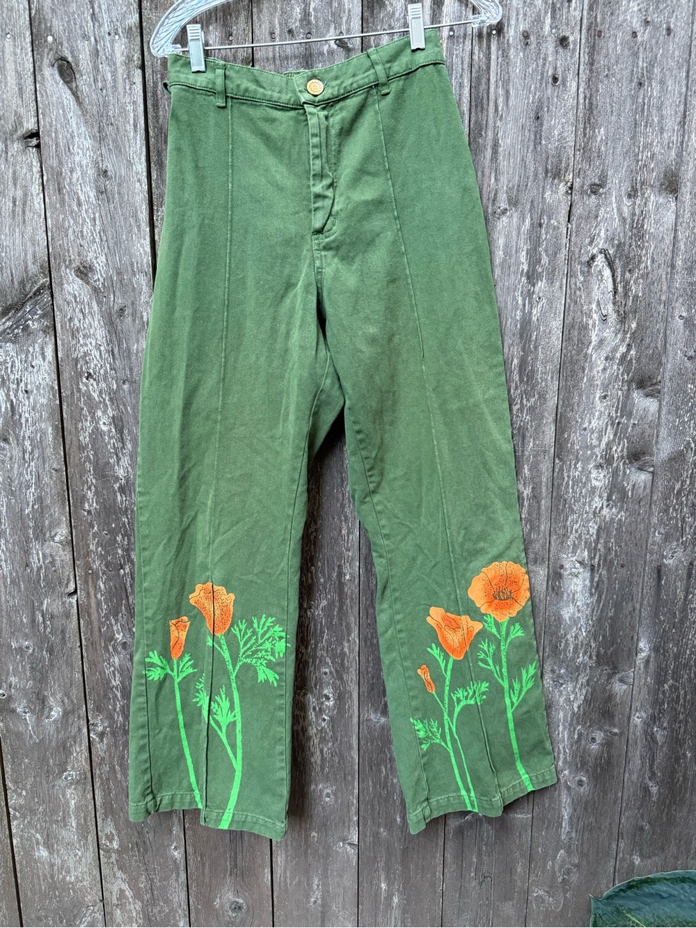 Big Bud Press Western California Poppy Green Floral Embroidered Wide-Leg Pants S - Picture 5 of 12